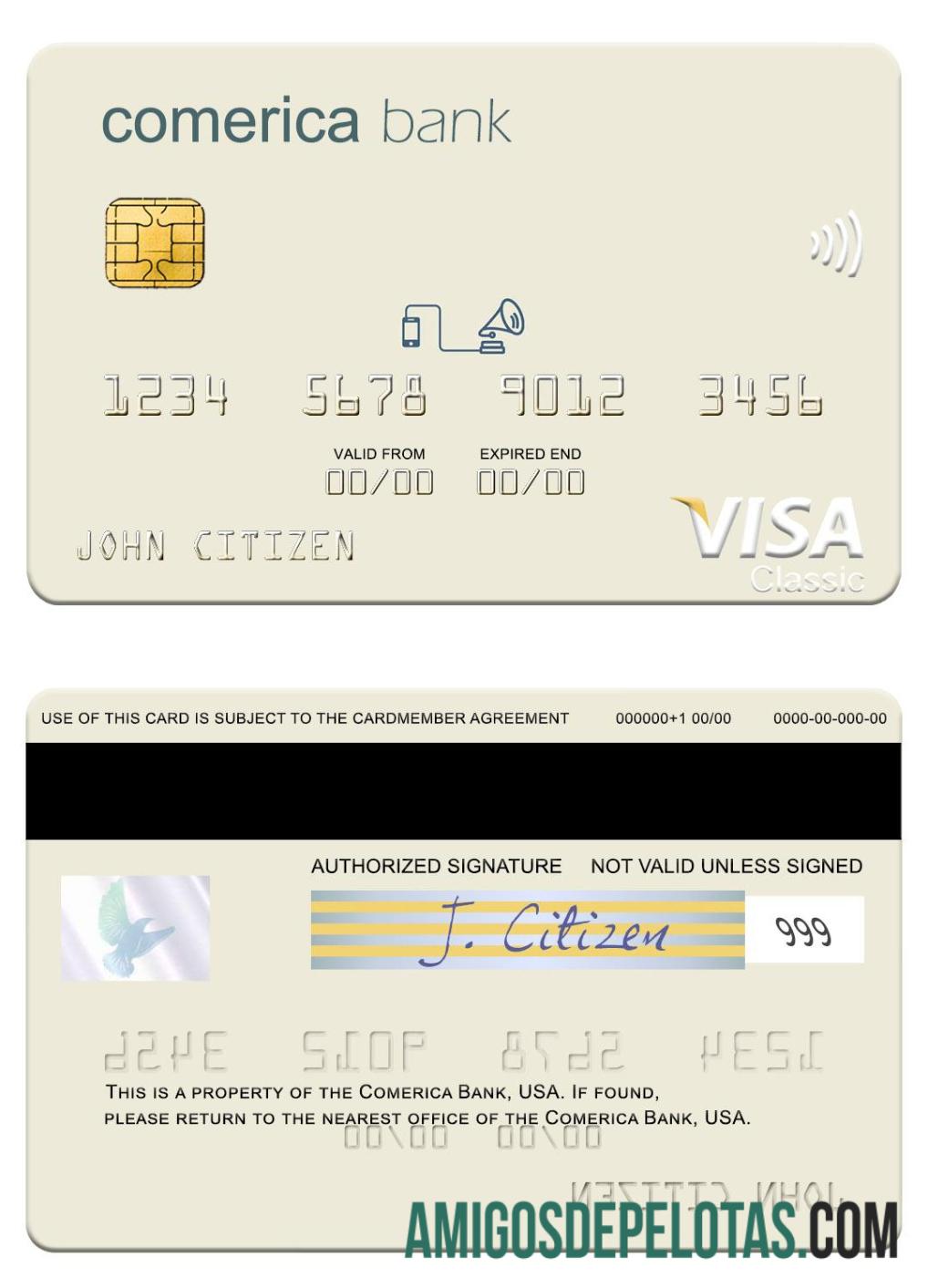 Cartão Visa do Banco Comerica dos EUA amostra